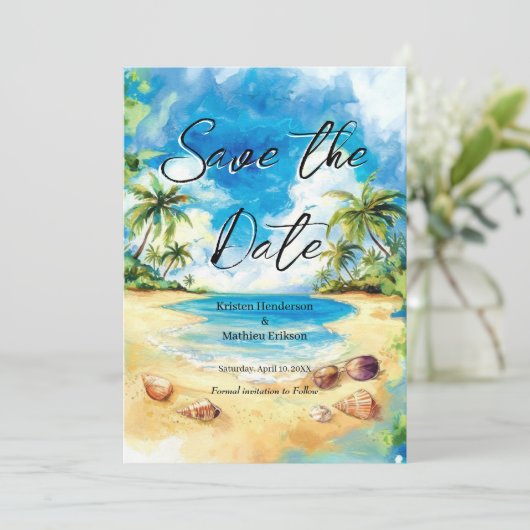 Schöne Typografie Beach Wedding Save The Date (Stehend Vorderseite)