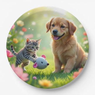 Schöne und hübsche Design-Katze und Hund auf  Pappteller