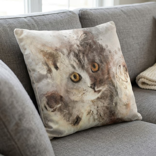 Schöne und niedliche Kätzchenfarbe Kissen (Playful Watercolor Kitten with Bright Amber Eyes. Throw Pillow)