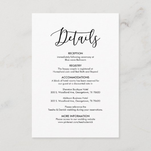 Schöne unsere Hochzeitsdetails Modernes, elegantes Begleitkarte (Vorderseite)