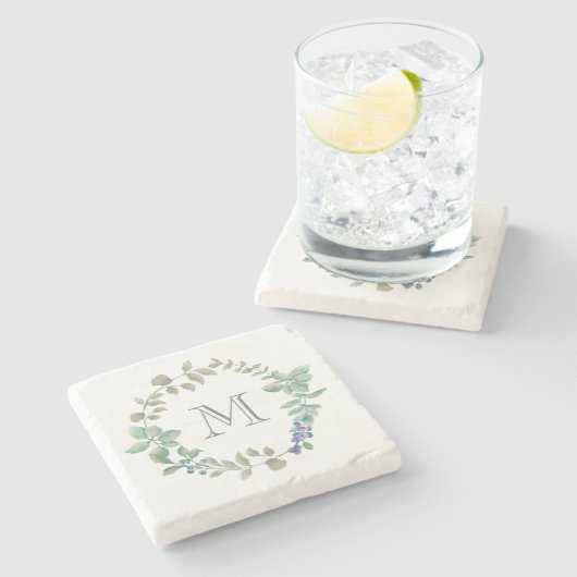 Schöne Vegetation| Wasserfarben und Monogramm Steinuntersetzer (Seitenansicht)