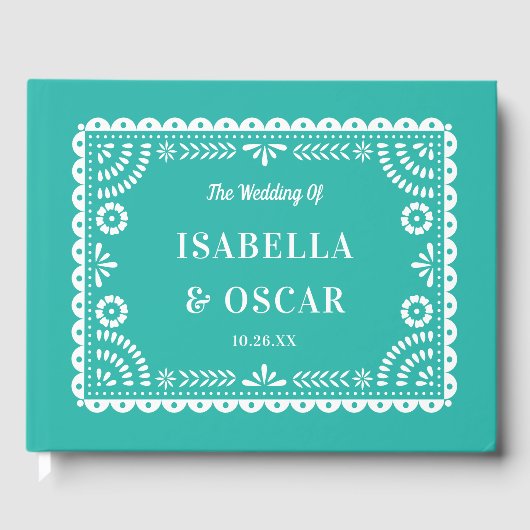 Schöne Verziert Papel Picado Aqua Wedding Gästebuch (Vorderseite)