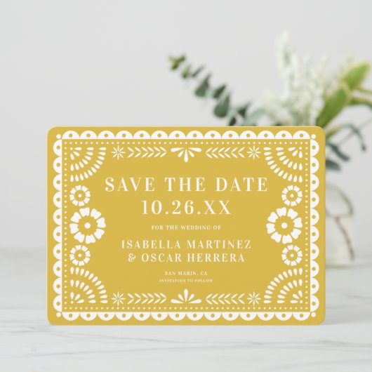Schöne Verzierte Papel Picado Foto Gelbe Hochzeit Save The Date (Stehend Vorderseite)