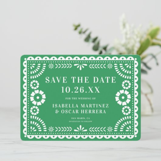 Schöne Verzierte Papel Picado Foto Grüne Hochzeit Save The Date (Stehend Vorderseite)