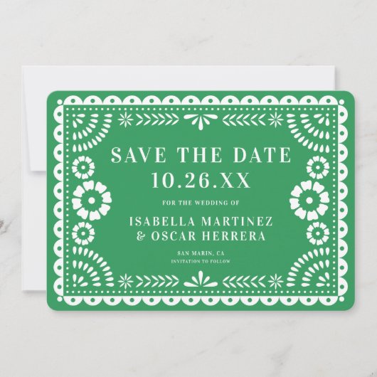 Schöne Verzierte Papel Picado Foto Grüne Hochzeit Save The Date (Vorderseite)