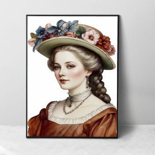 Schöne viktorianische Dame Brauner Blumenhut Portr Poster