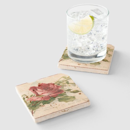 Schöne Viktorianische Rote Rose Steinuntersetzer (Seitenansicht)