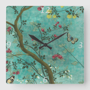 Schöne Vintage antike Blütenbaumschmetterlinge Quadratische Wanduhr