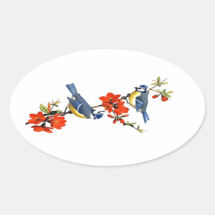 Schöne Vintage-Baumblüten rote Blumen Vögel Ovaler Aufkleber