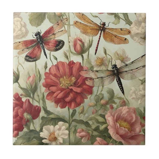 Schöne Vintage-Blumen und Libellen Fliese (Vorderseite)
