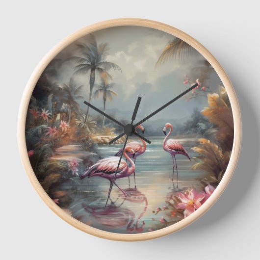 schöne Vintage botanische Gemälde Flamingos Uhr (Vorderseite)
