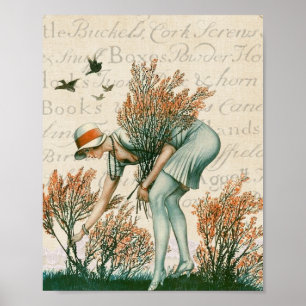 Schöne Vintage-Dame, die Blumen skripttext pflückt Poster
