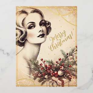 Schöne Vintage-Dame Frohe Weihnachtsgrüße Retro Folien Feiertagspostkarte