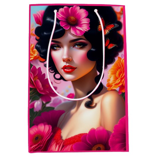 Schöne Vintage Dame im Roten Deko Mittlere Geschenktüte (Vorderseite)