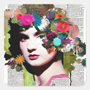 Schöne Vintage-Dame Papiercollage Zeitung Quadratischer Aufkleber