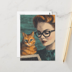 Schöne Vintage-Dame und ihre Katze beim Lesen Postkarte