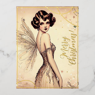 Schöne Vintage-Fee Frohe Weihnachtsgrüße Retro Folien Feiertagspostkarte