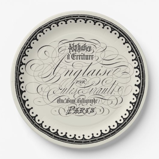 Schöne Vintage französische Kalligraphie auf Beige Pappteller (Vorderseite)