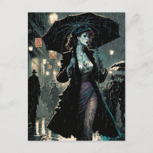 Schöne Vintage-Frau geht im Regen spazieren Postkarte