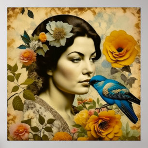 Schöne Vintage-Frau in Blumen Poster