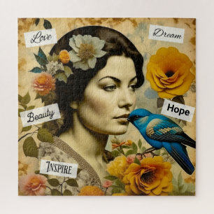 Schöne Vintage Frau mit Bluebird Puzzle