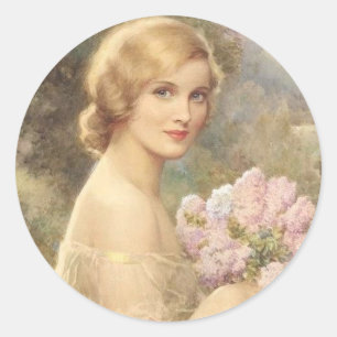 Schöne Vintage-Frau mit Blumenstrauß Runder Aufkleber