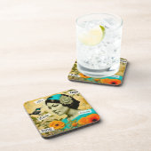 Schöne Vintage Frau mit Vogel und Blume Getränkeuntersetzer (Rechte Seite)