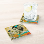 Schöne Vintage Frau mit Vogel und Blume Glasuntersetzer (Schrägansicht)