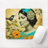 Schöne Vintage Frau mit Vogel und Blume Mousepad (Mit Mouse)