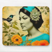 Schöne Vintage Frau mit Vogel und Blume Mousepad (Vorne)