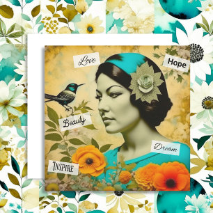 Schöne Vintage-Frau mit Vogel und Blumen