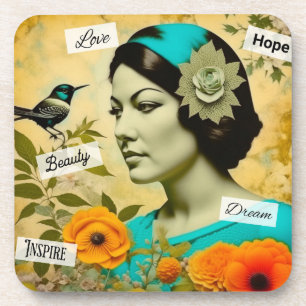 Schöne Vintage-Frau mit Vogel und Blumen Getränkeuntersetzer