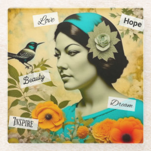 Schöne Vintage-Frau mit Vogel und Blumen Glasuntersetzer