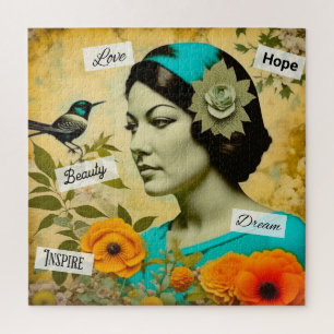 Schöne Vintage-Frau mit Vogel und Blumen Puzzle