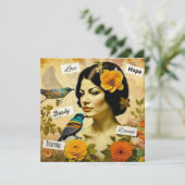 Schöne Vintage Frau mit Vögeln und Blume (Stehend Vorderseite)