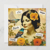 Schöne Vintage Frau mit Vögeln und Blume (Vorderseite)