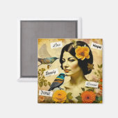 Schöne Vintage Frau mit Vögeln und Blume Magnet (Vorderseite/Rückseite)