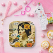 Schöne Vintage Frau mit Vögeln und Blume Pappteller (Party)