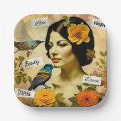 Schöne Vintage Frau mit Vögeln und Blume Pappteller (Vorderseite)