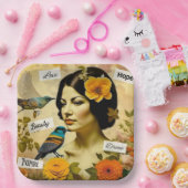 Schöne Vintage Frau mit Vögeln und Blume Pappteller (Party)