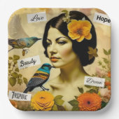 Schöne Vintage Frau mit Vögeln und Blume Pappteller (Vorderseite)