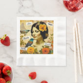 Schöne Vintage Frau mit Vögeln und Blume Serviette (Beispiel)