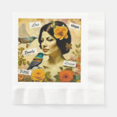Schöne Vintage Frau mit Vögeln und Blume Serviette (Vorderseite)