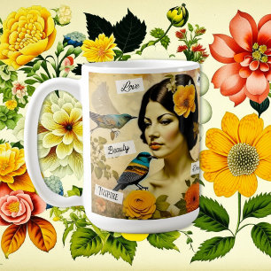 Schöne Vintage-Frau mit Vögeln und Blumen Kaffeetasse