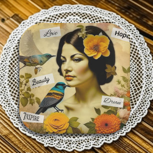 Schöne Vintage-Frau mit Vögeln und Blumen Pappteller