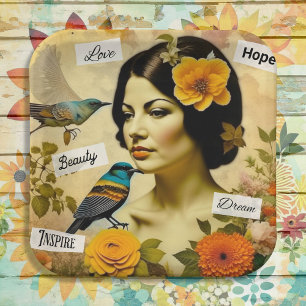 Schöne Vintage-Frau mit Vögeln und Blumen Pappteller