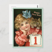 Schöne Vintage Girl & Kitten - Neujahr Postkarte (Vorne/Hinten)