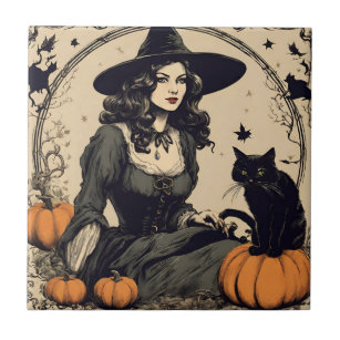 Schöne Vintage Halloween-Hexe mit Schwarzer Katze Fliese