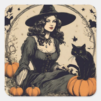 Schöne Vintage Halloween-Hexe mit Schwarzer Katze Quadratischer Aufkleber
