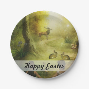 Schöne Vintage Kaninchenwaldlandschaft Ostern Pappteller